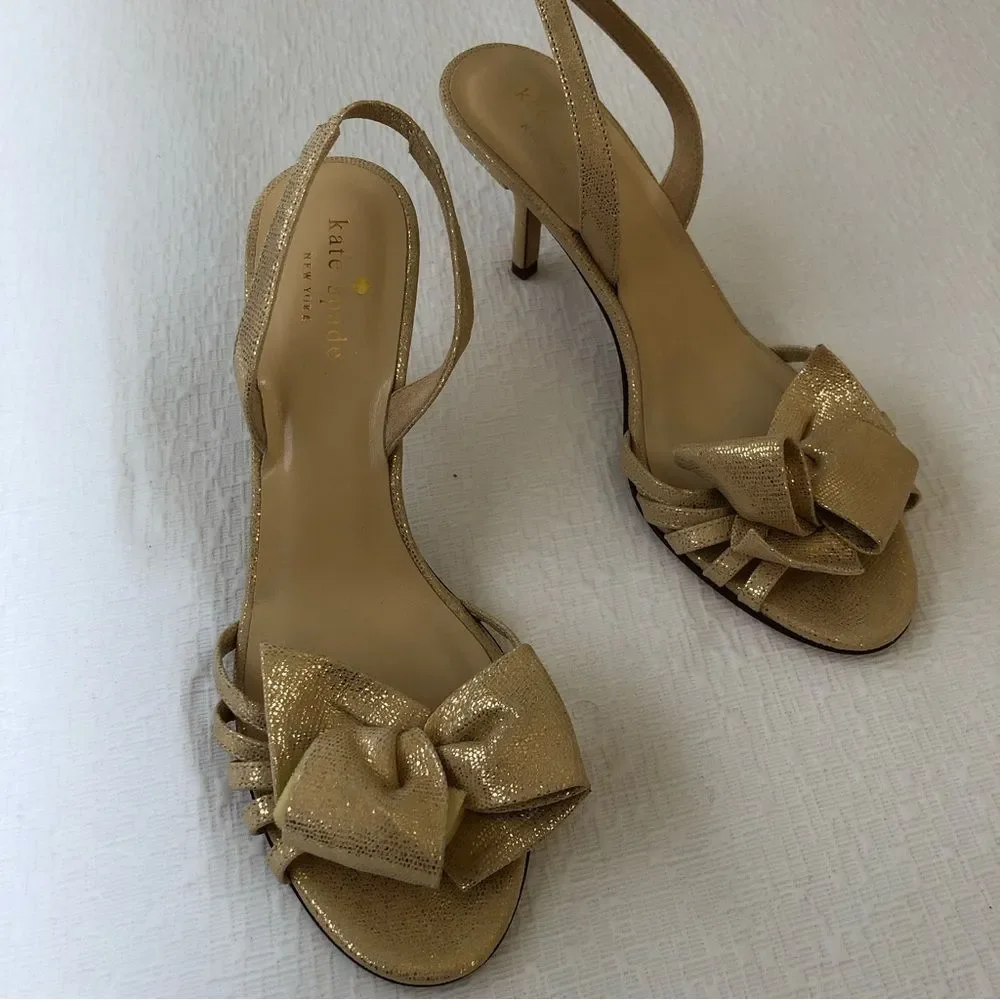 Kate Spade Maribeth Gold Metallic Bow Stiletto Slingback Pumps 7 Wedding Evening